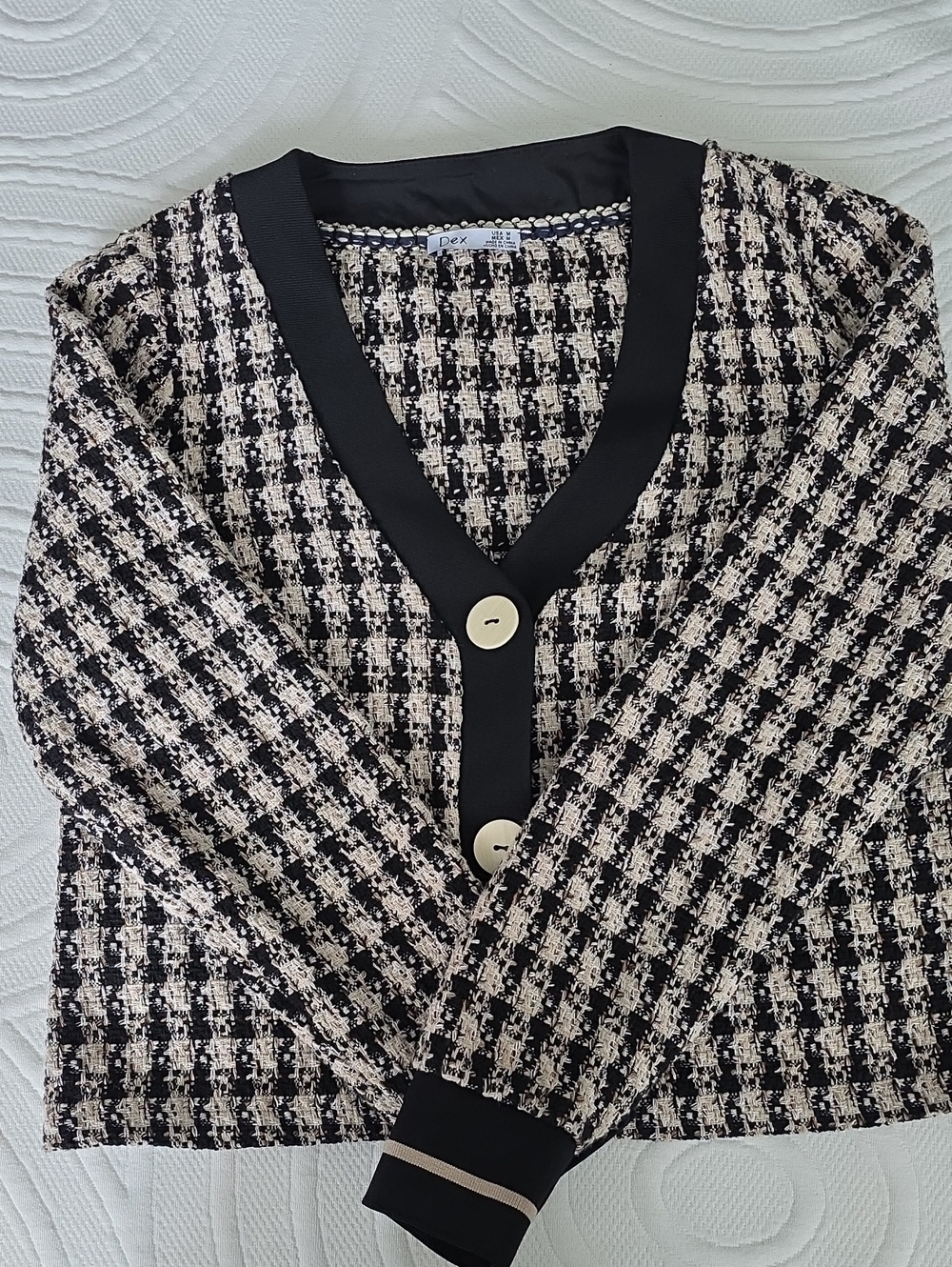 Dex Black and Cream Tweed V-Neck Cardigan with Contrast Trim